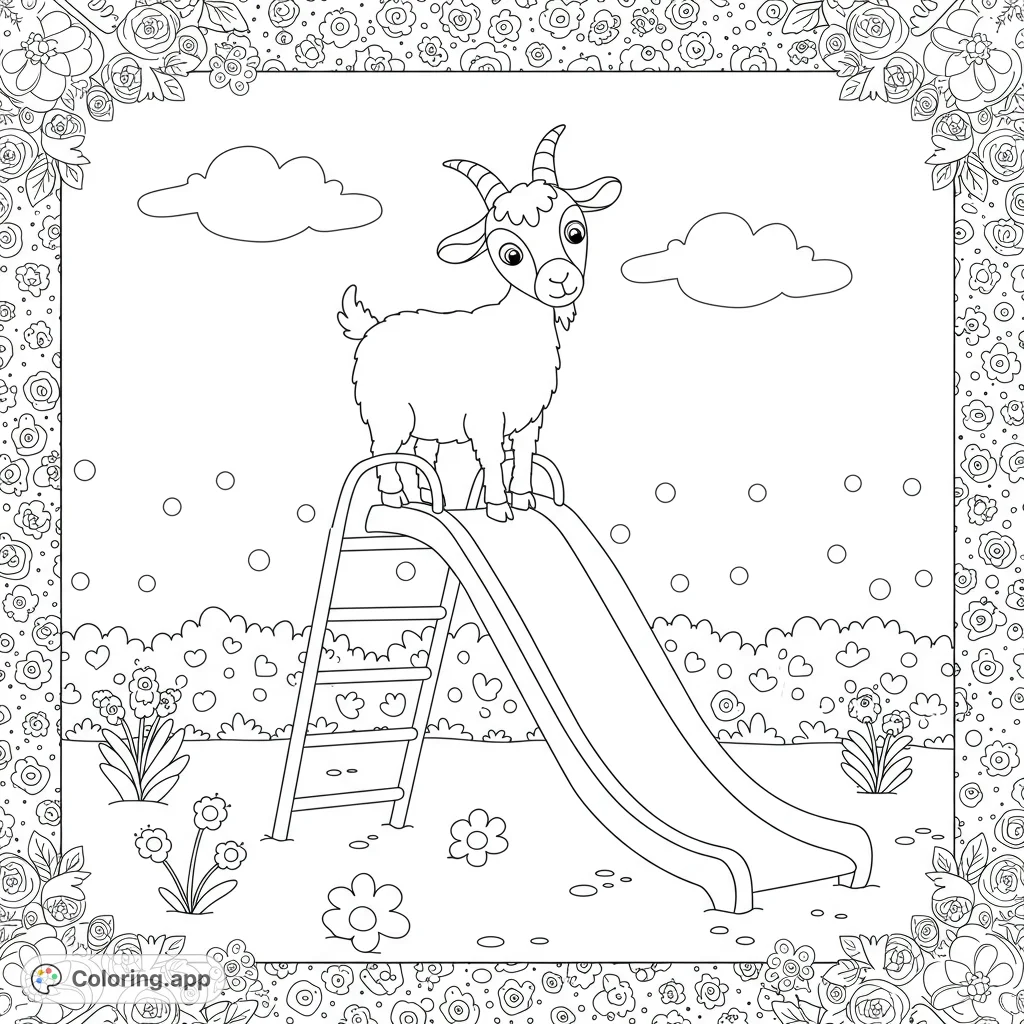 A charming goat stands playfully on a playground slide, surrounded by simple plants and decorative borders, perfect for a fun coloring adventure.