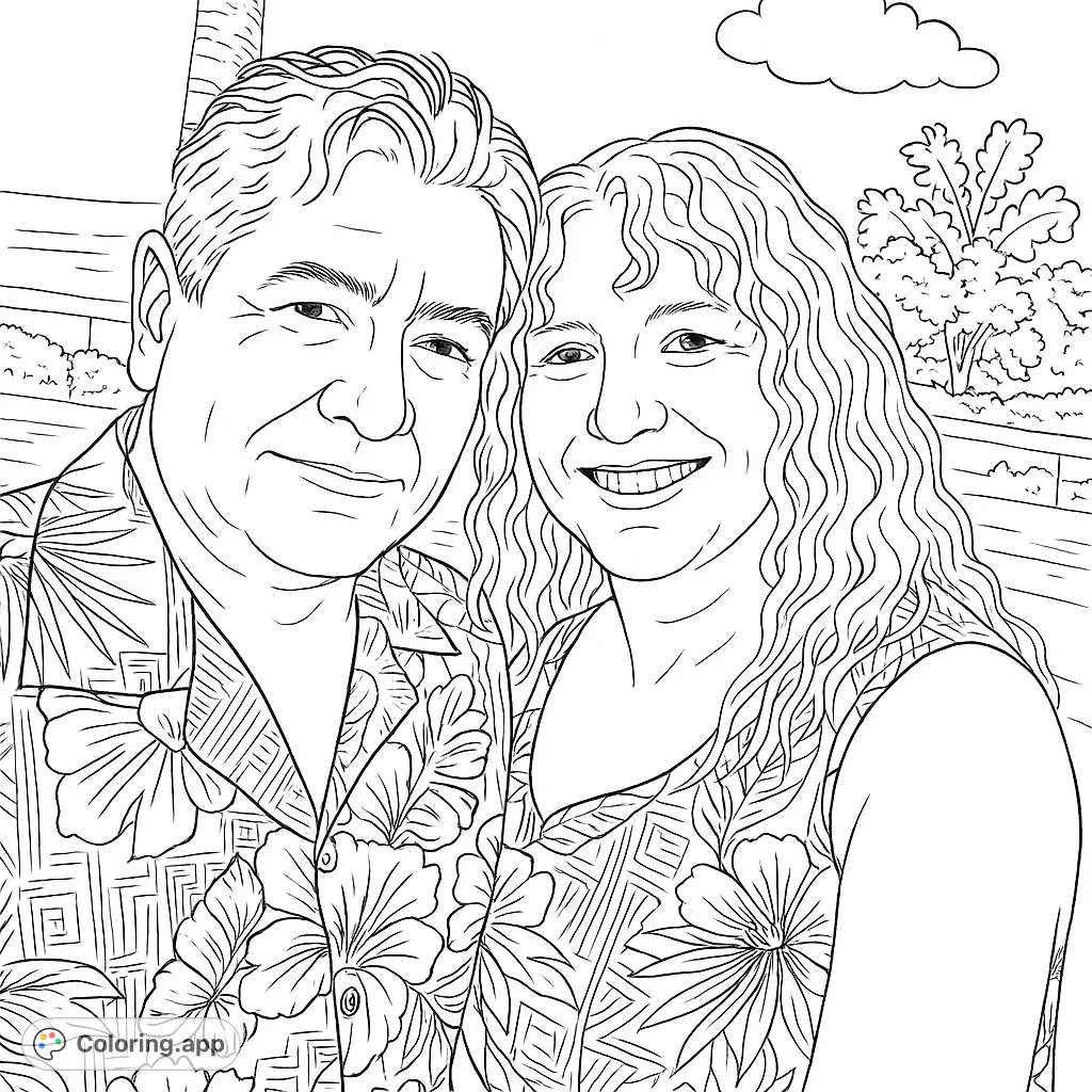 Capture the warmth of a tropical getaway with this delightful couple's portrait. Features intricate floral patterns and a serene island backdrop.