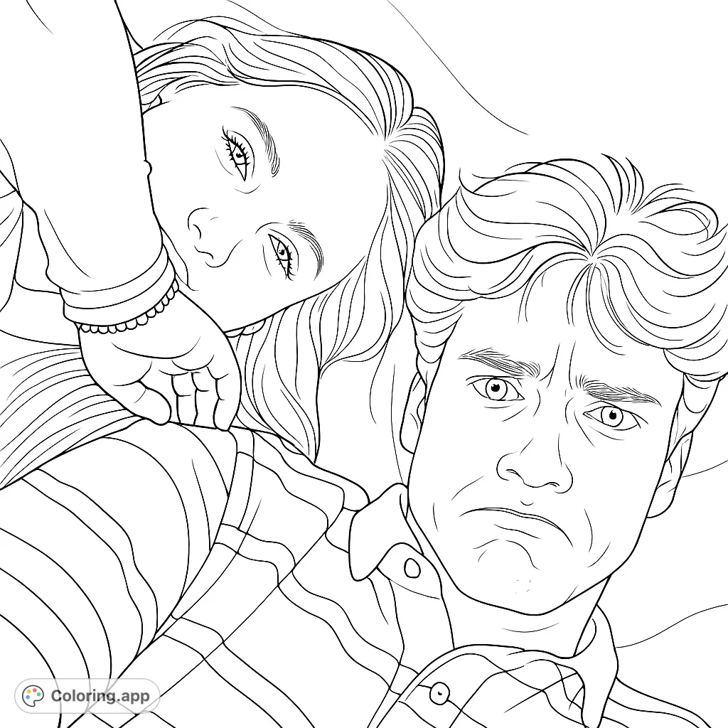 Capture a moment of playful connection with this realistic portrait of two individuals lying down. Perfect for personalizing expressions and patterns.