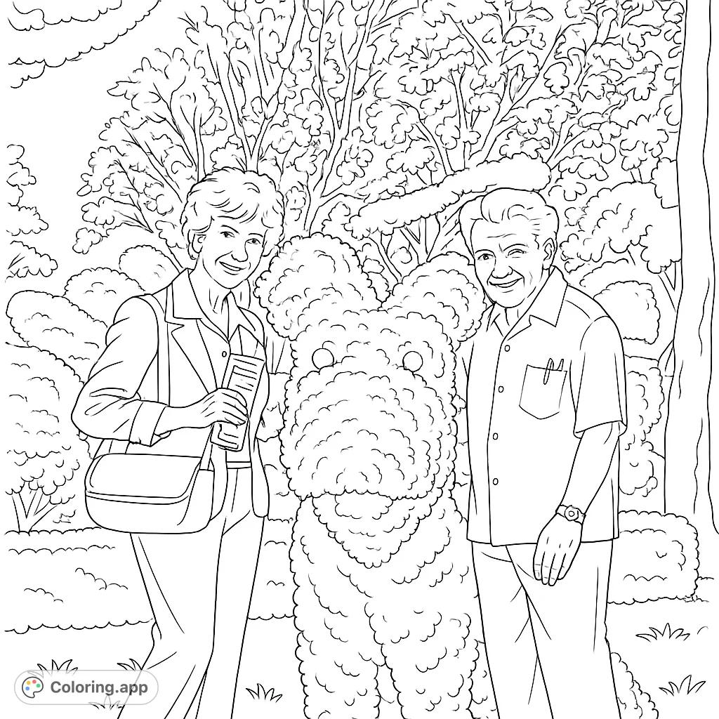 Explore a charming garden scene with two smiling individuals posing beside a whimsical topiary creature. A delightful nature-themed coloring page.