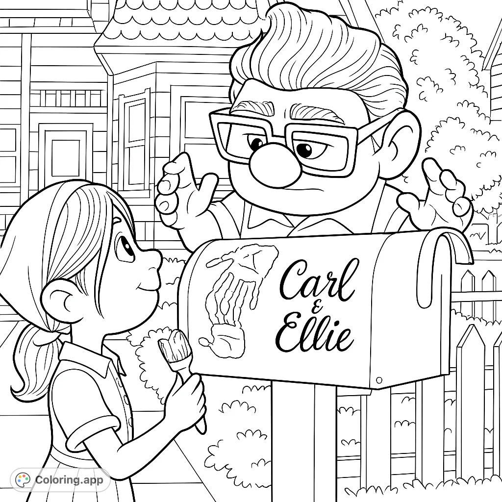 A heartwarming scene of young Carl and Ellie decorating their mailbox with handprints, capturing a moment of childhood joy and friendship.
