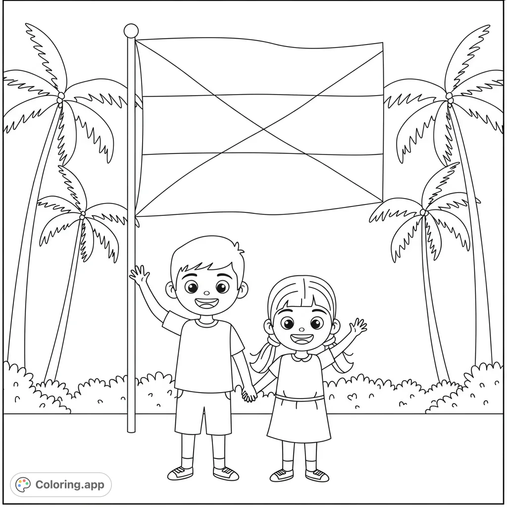 A delightful Trinidad and Tobago coloring page featuring two smiling South Asian siblings, Abhi and Anu, waving under palm trees with the national flag.