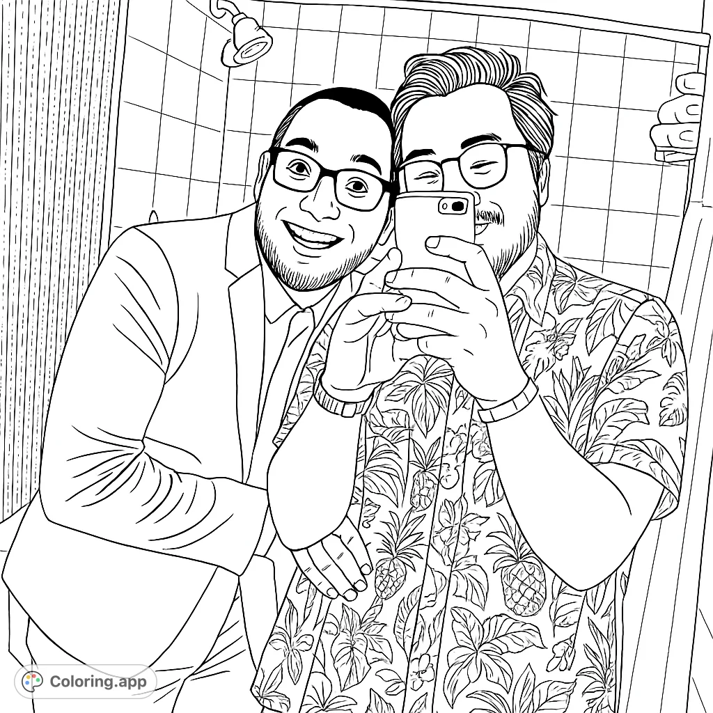 Two friends capture a joyful selfie in a bathroom, featuring detailed patterns and a relaxed atmosphere, perfect for creative coloring.