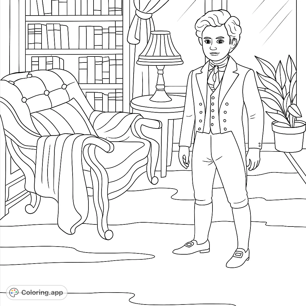 Step into a historical study with a distinguished gentleman. This elegant scene features a detailed bookshelf, ornate armchair, and classic decor, perfect for intricate coloring.