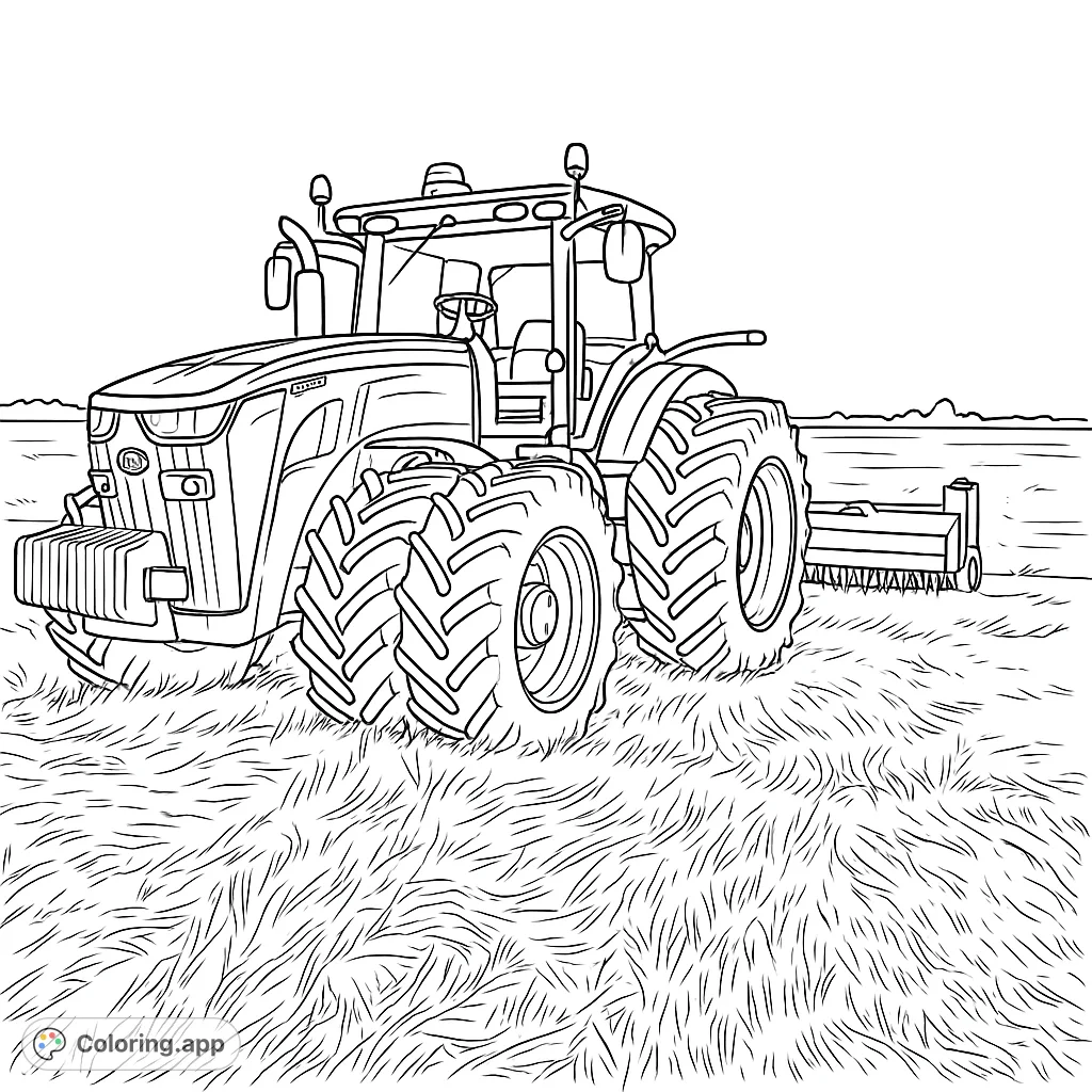 Color a powerful farm tractor with its field attachment, set against a vast open field. Perfect for vehicle enthusiasts and farm life fans.