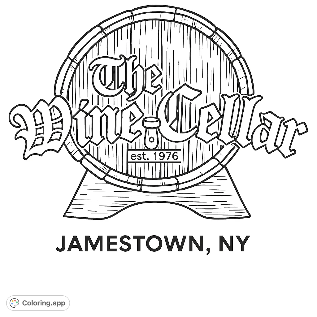 Color a detailed vintage wine barrel emblem with ornate typography and a rustic stand. Perfect for wine enthusiasts.