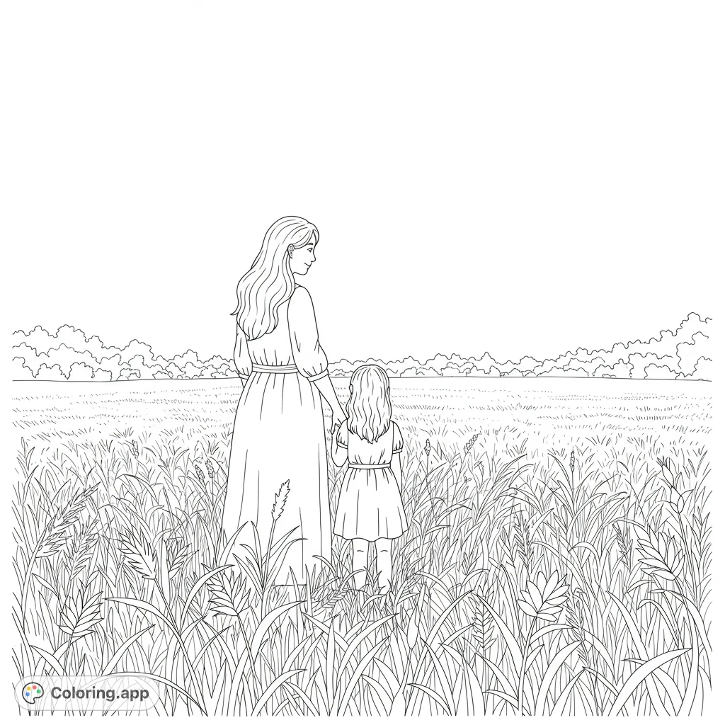 A heartwarming scene of a mother and daughter in a sunny field of tall grass, sharing a loving moment, perfect for a free printable coloring page.