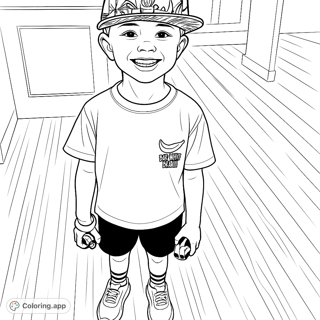 A cheerful boy with a patterned hat and toy cars, ready for a fun coloring adventure. Perfect for kids to express creativity.