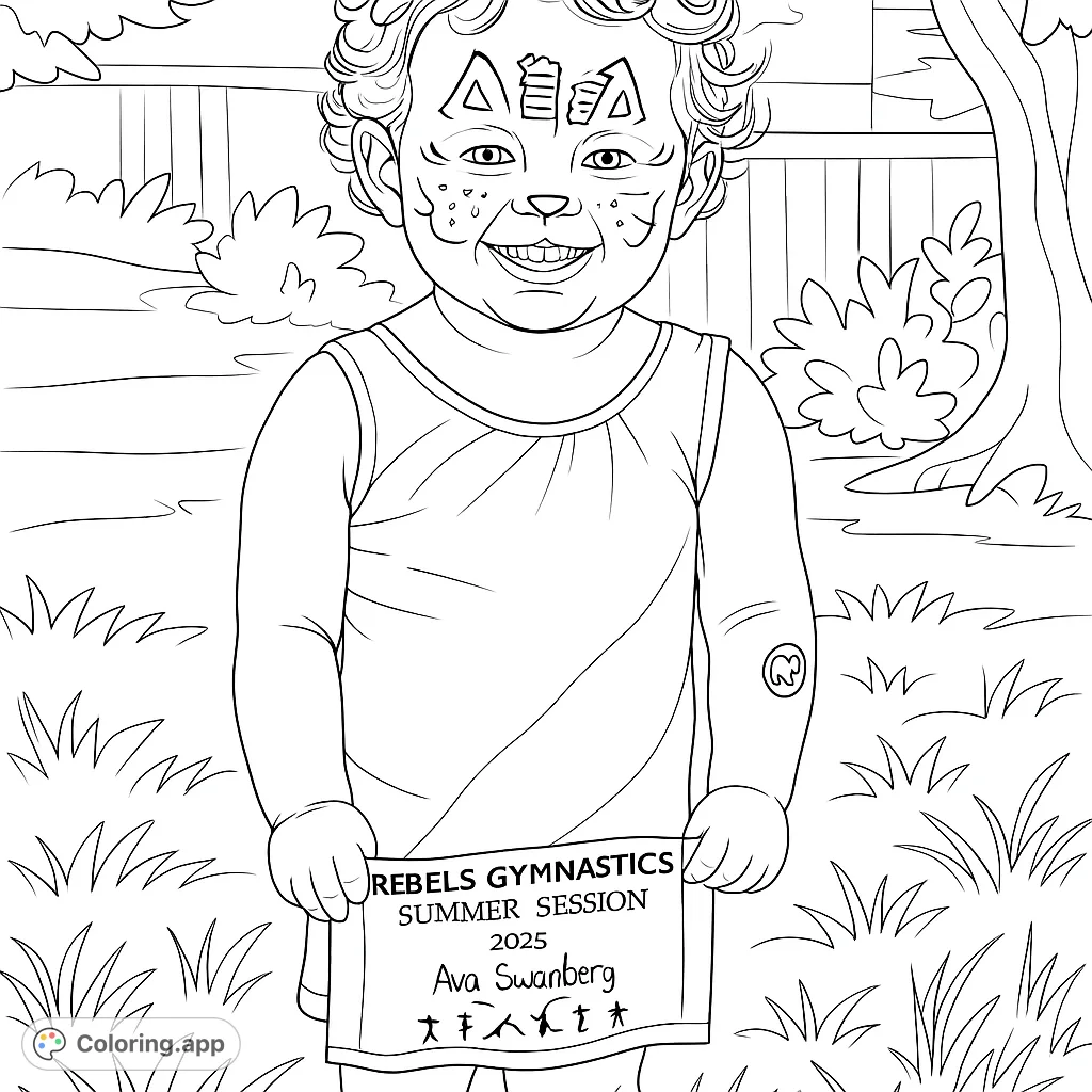 A joyful young gymnast with playful face paint, holding a certificate, ready for a fun coloring adventure. Perfect for kids!