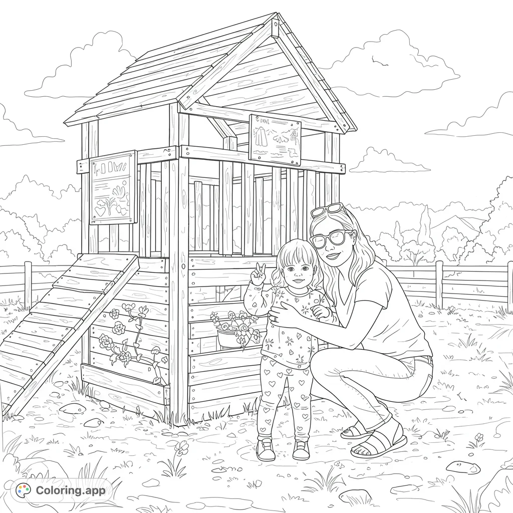 A heartwarming scene featuring a woman embracing a child in front of a simple wooden play structure, perfect for a family coloring page.