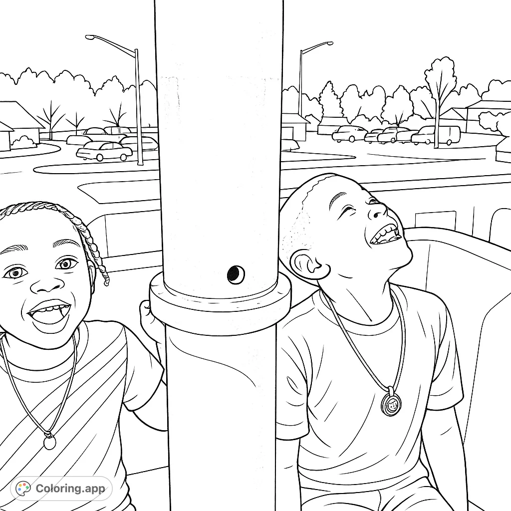 Capture the excitement of two children on a ride, laughing and enjoying an amusement park adventure. Perfect for young colorists!