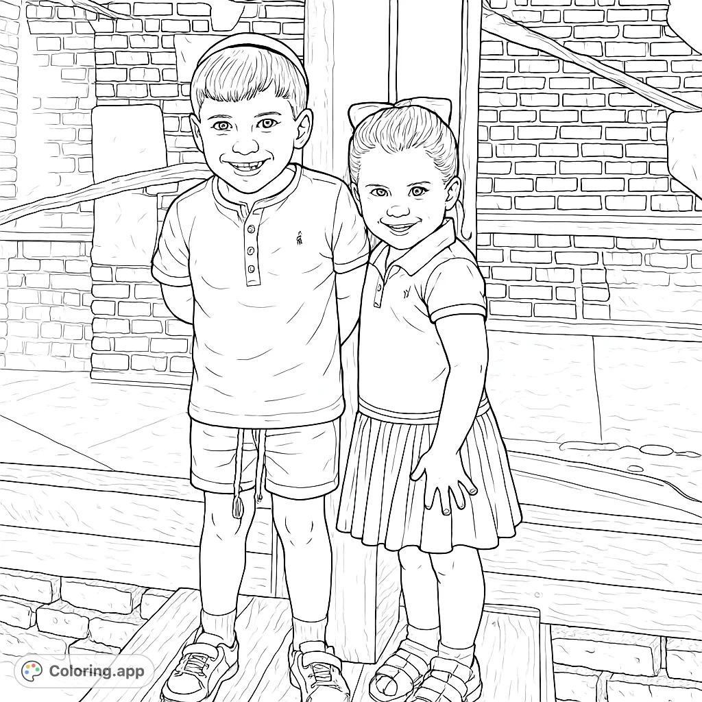 A delightful coloring page featuring two smiling children standing together, perfect for family fun and creative expression.