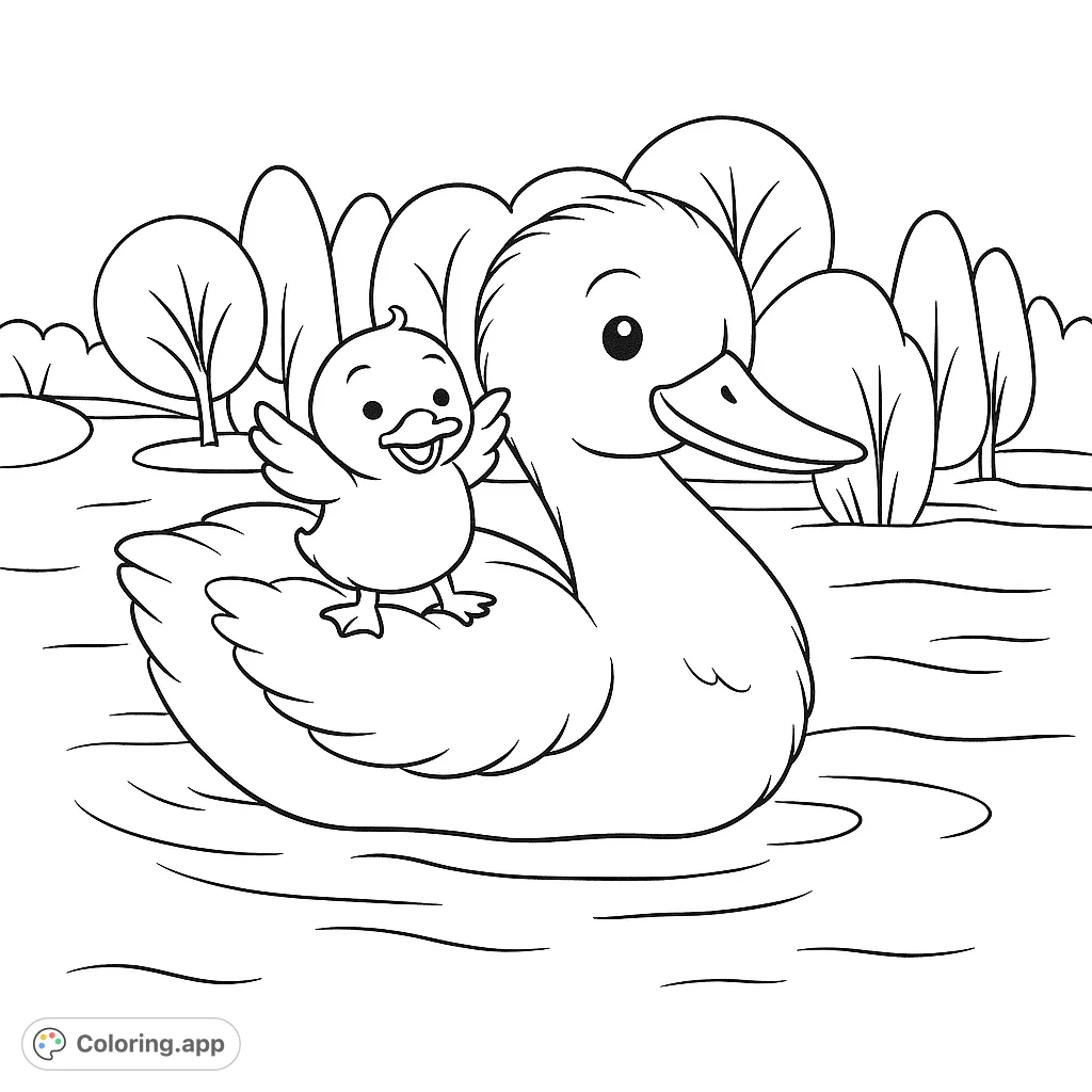 A heartwarming scene of a large duck carrying a small, cheerful duckling on its back, floating peacefully on water with a lush natural background.