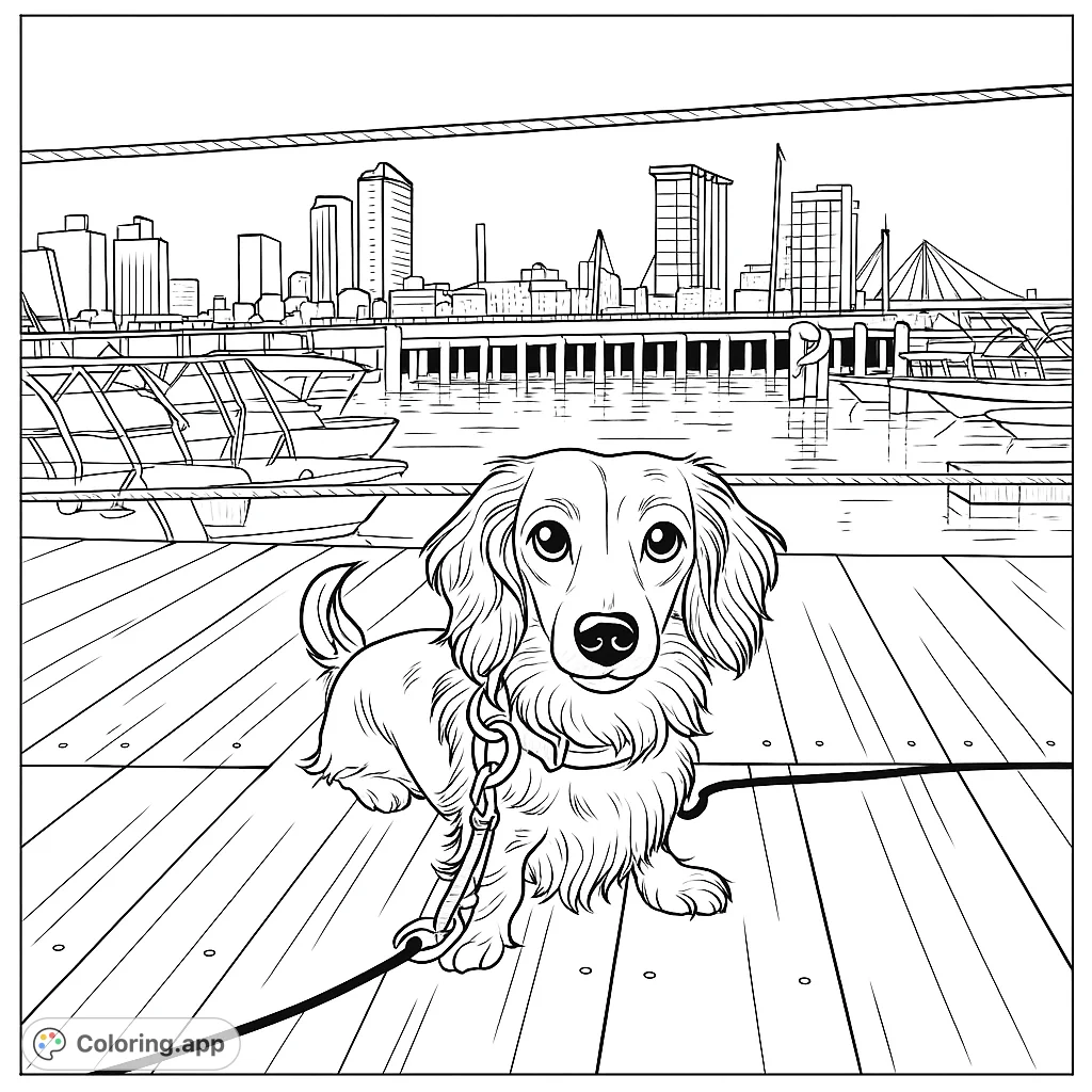 A charming dachshund sits on a wooden dock overlooking a bustling city harbor with boats and a skyline. A delightful dog coloring page for all ages.