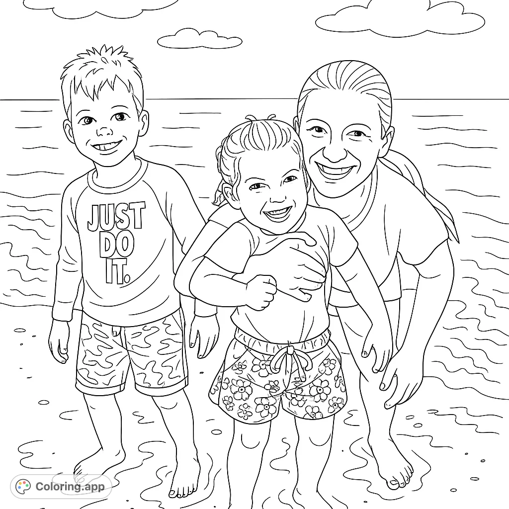 Capture a joyful family moment at the beach with this free printable coloring page. Features a woman and two children by the waves.