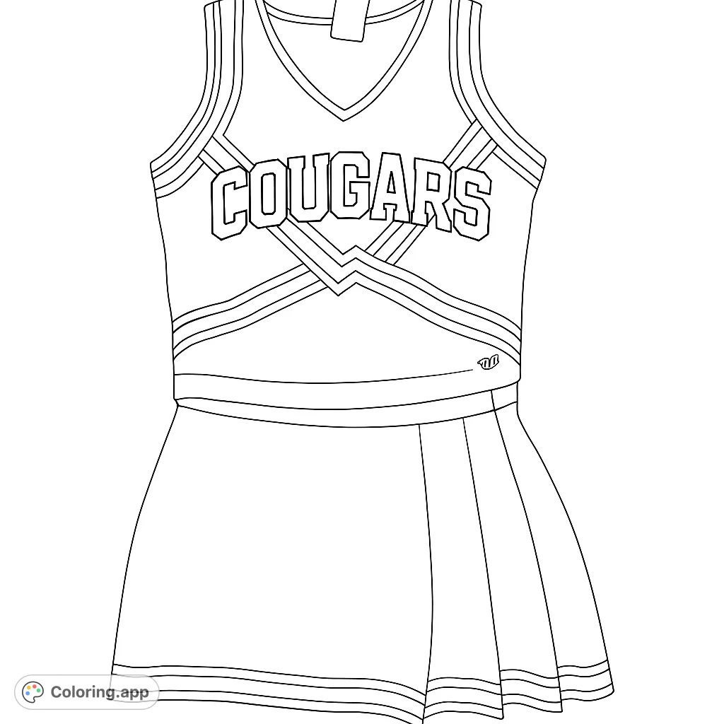 Show your team spirit with this detailed cheerleader uniform coloring page, featuring a V-neck top with 'COUGARS' text and a pleated skirt.
