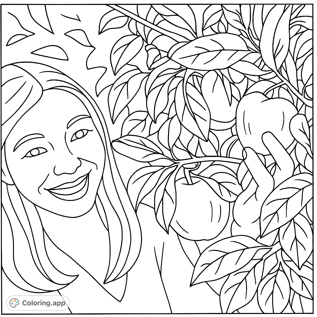 Capture the joy of harvest with this apple picking coloring page. A hand reaches for ripe fruit on a leafy branch, with a smiling face in the background.