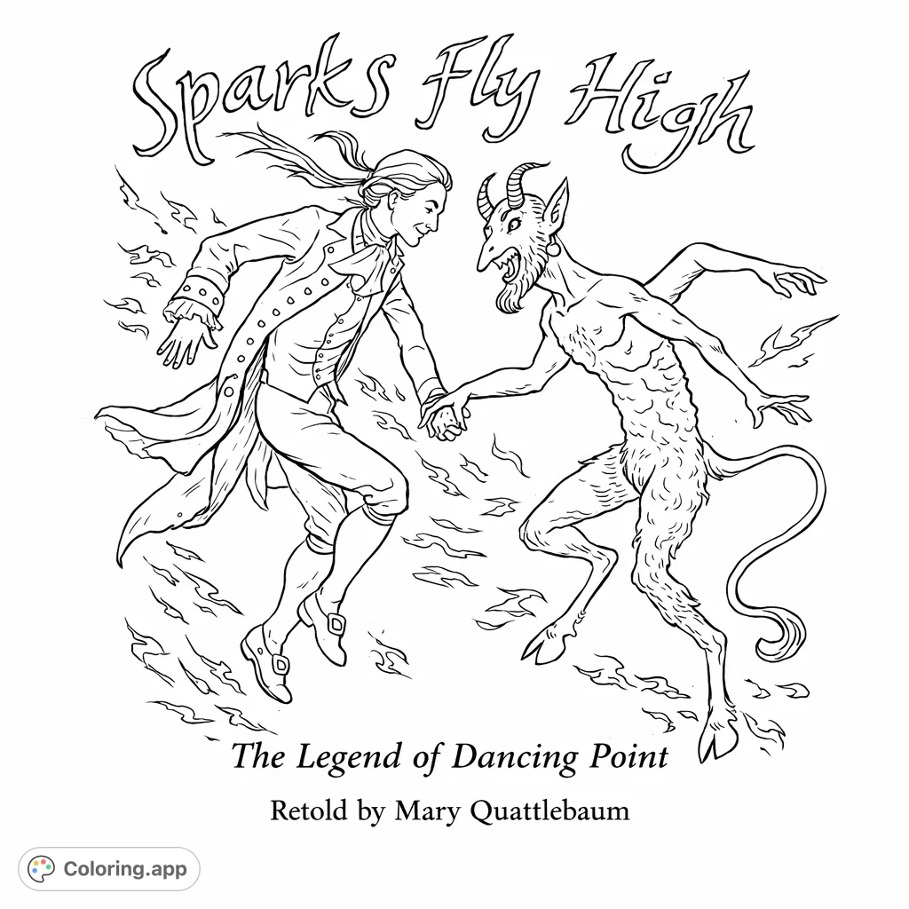 An exciting coloring page depicting a spirited dance or confrontation between a dapper human-like figure and a playful devil creature, surrounded by dynamic energy.