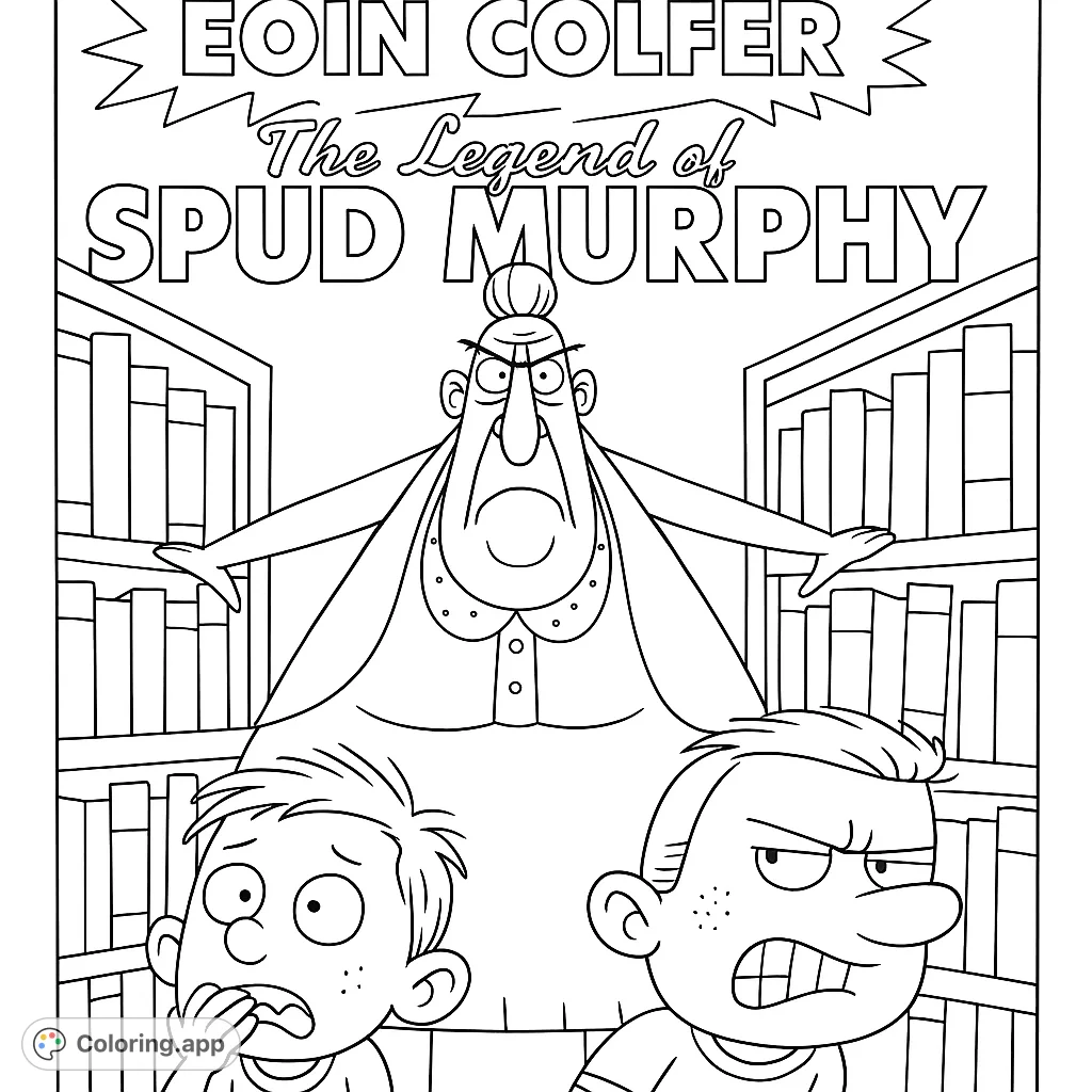 A humorous scene featuring a stern librarian overseeing two expressive kids in a library, perfect for a fun coloring adventure.