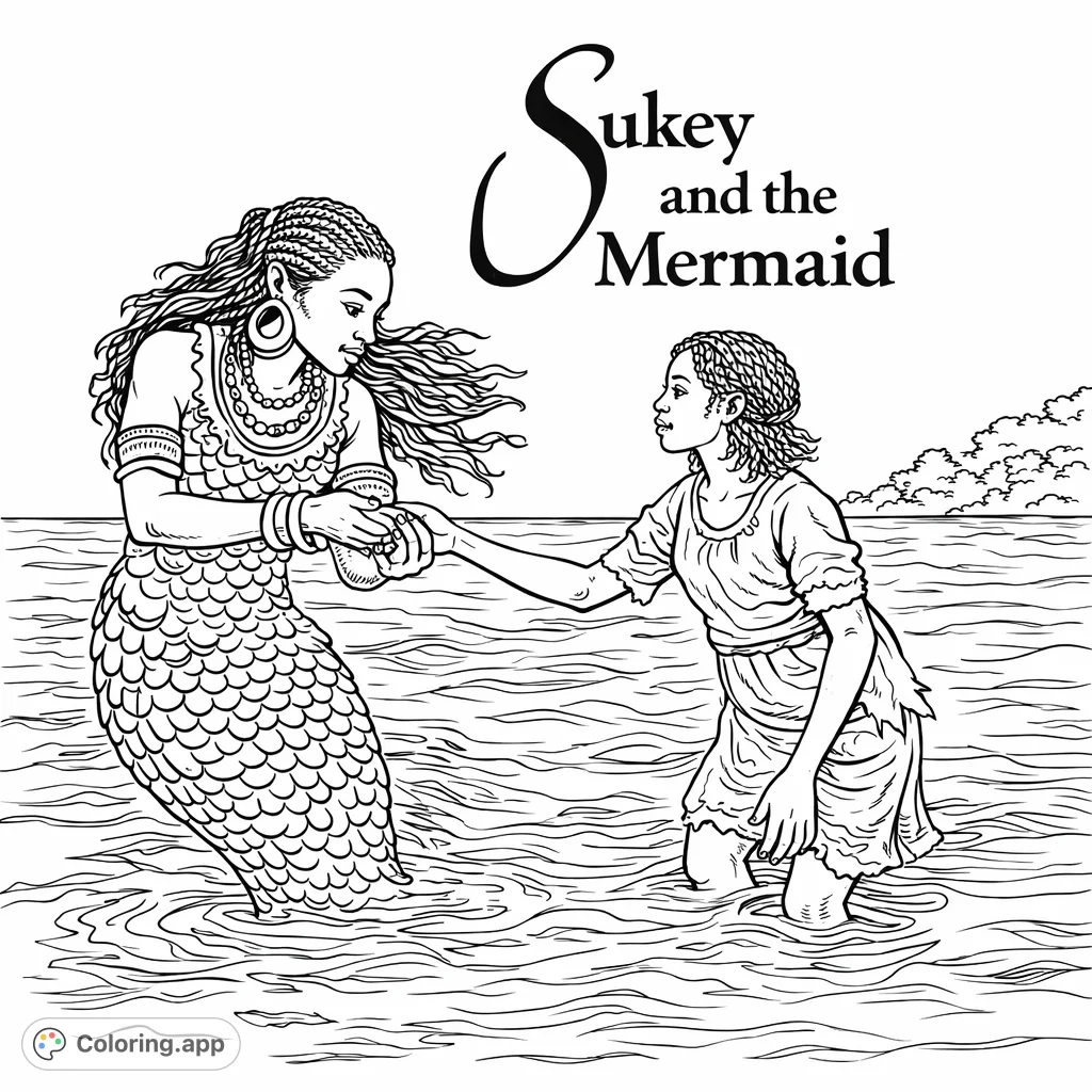 A mermaid adorned with jewelry exchanges a mysterious object with a curious child in rippled waters, a scene of wonder and connection.