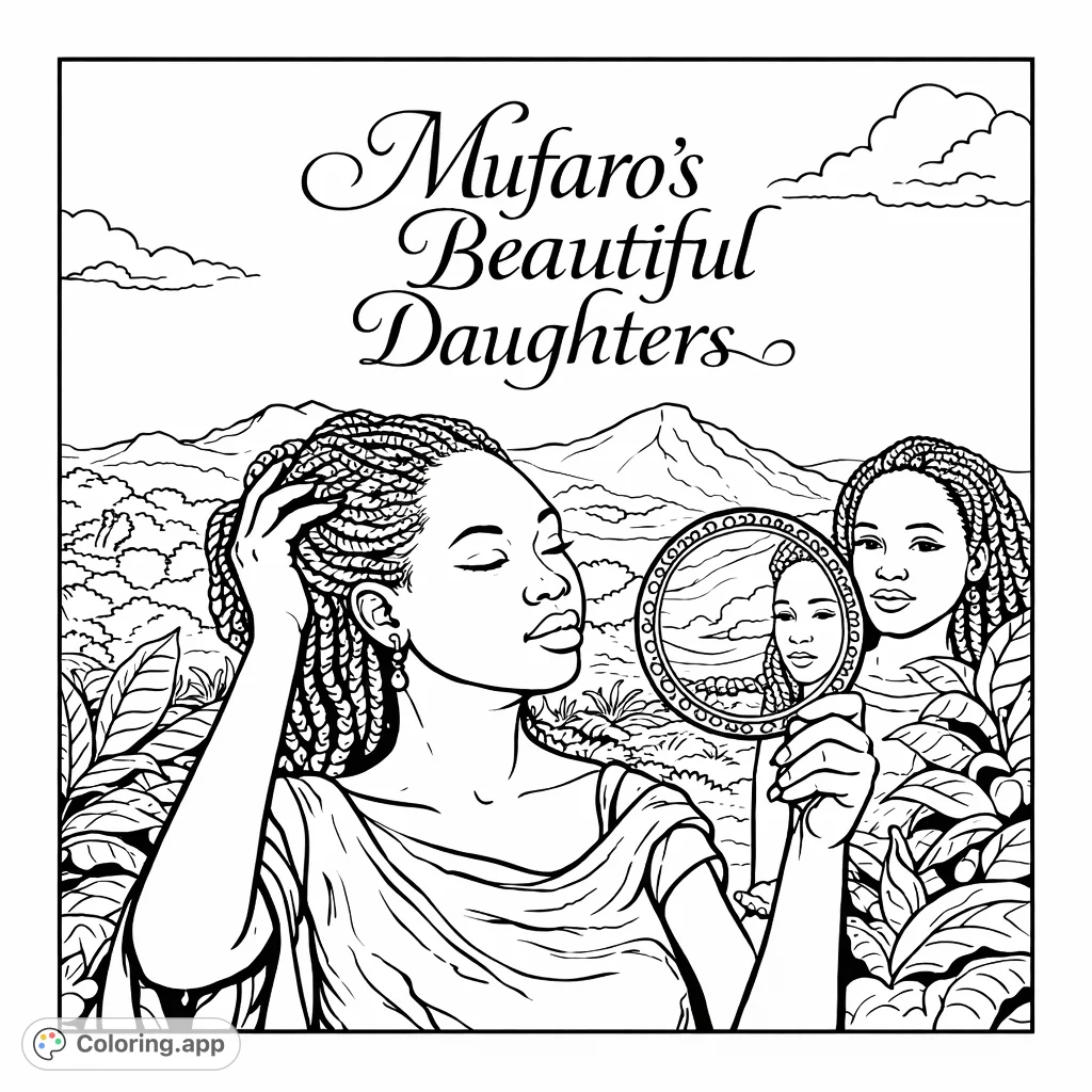 Captivating Mufaro's Beautiful Daughters coloring page featuring a young woman with intricate braids and an ornate headpiece, gazing into a hand mirror.