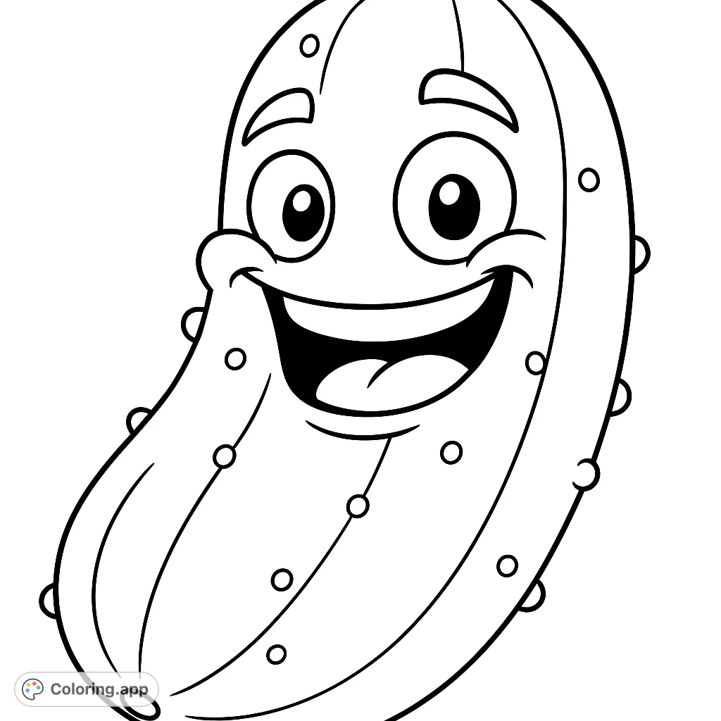 A cheerful cucumber character with a big smile, perfect for a fun and simple coloring activity. Ideal for kids and vegetable enthusiasts.