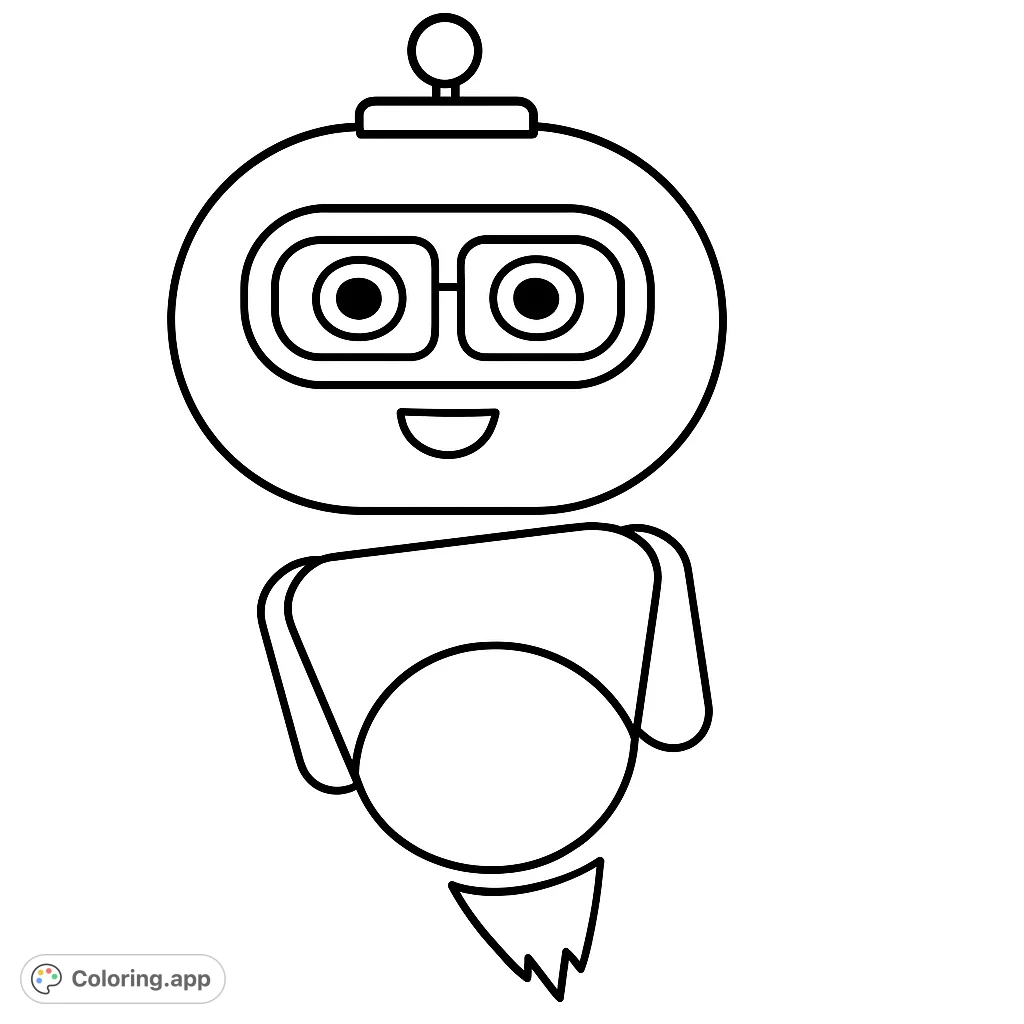 A cheerful robot with a friendly smile and rocket propulsion, ready for a fun coloring adventure. Perfect for young artists!