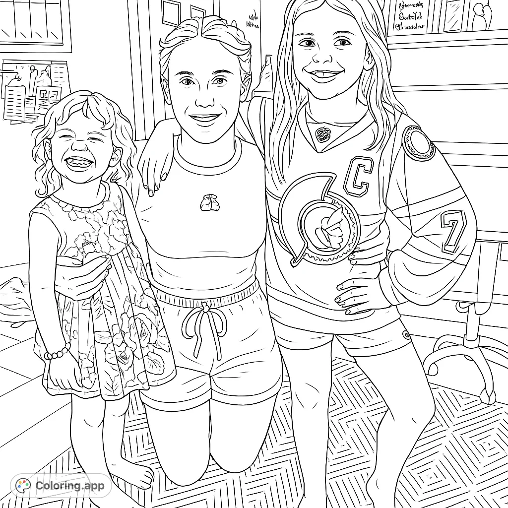 A heartwarming scene featuring three smiling individuals, two children and an adult, posing together in a cozy indoor setting, perfect for coloring.