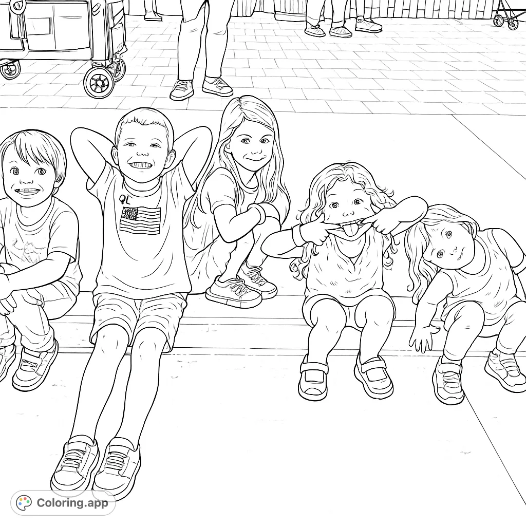 A lively scene featuring five children posing and playing on a curb, perfect for a fun and engaging coloring experience for all ages.