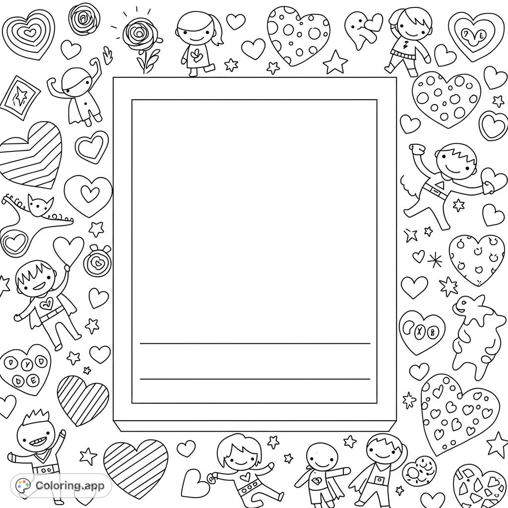 A heartwarming self-portrait frame for kids to draw themselves, surrounded by empowering hearts and superhero symbols. Perfect for self-expression!