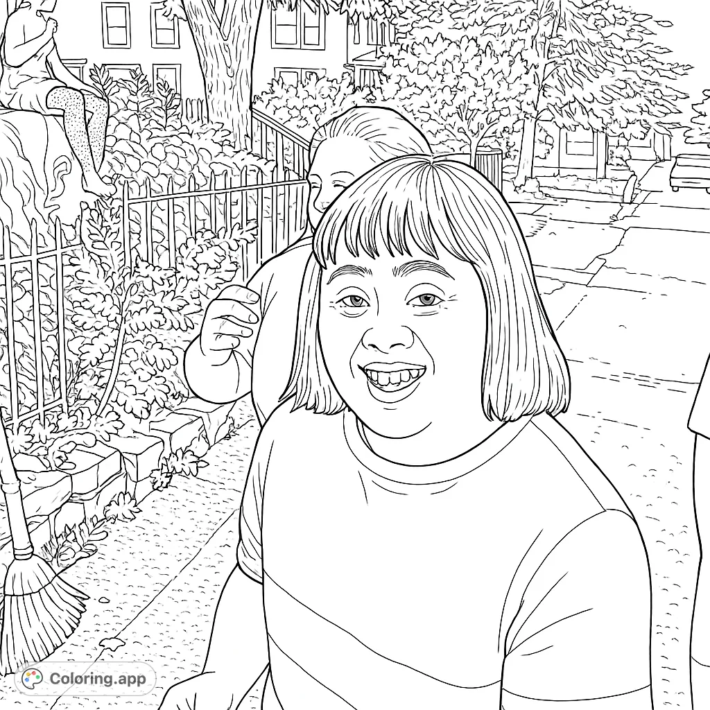 A heartwarming coloring page featuring a smiling person in an outdoor setting, surrounded by nature and urban elements. Perfect for all ages.