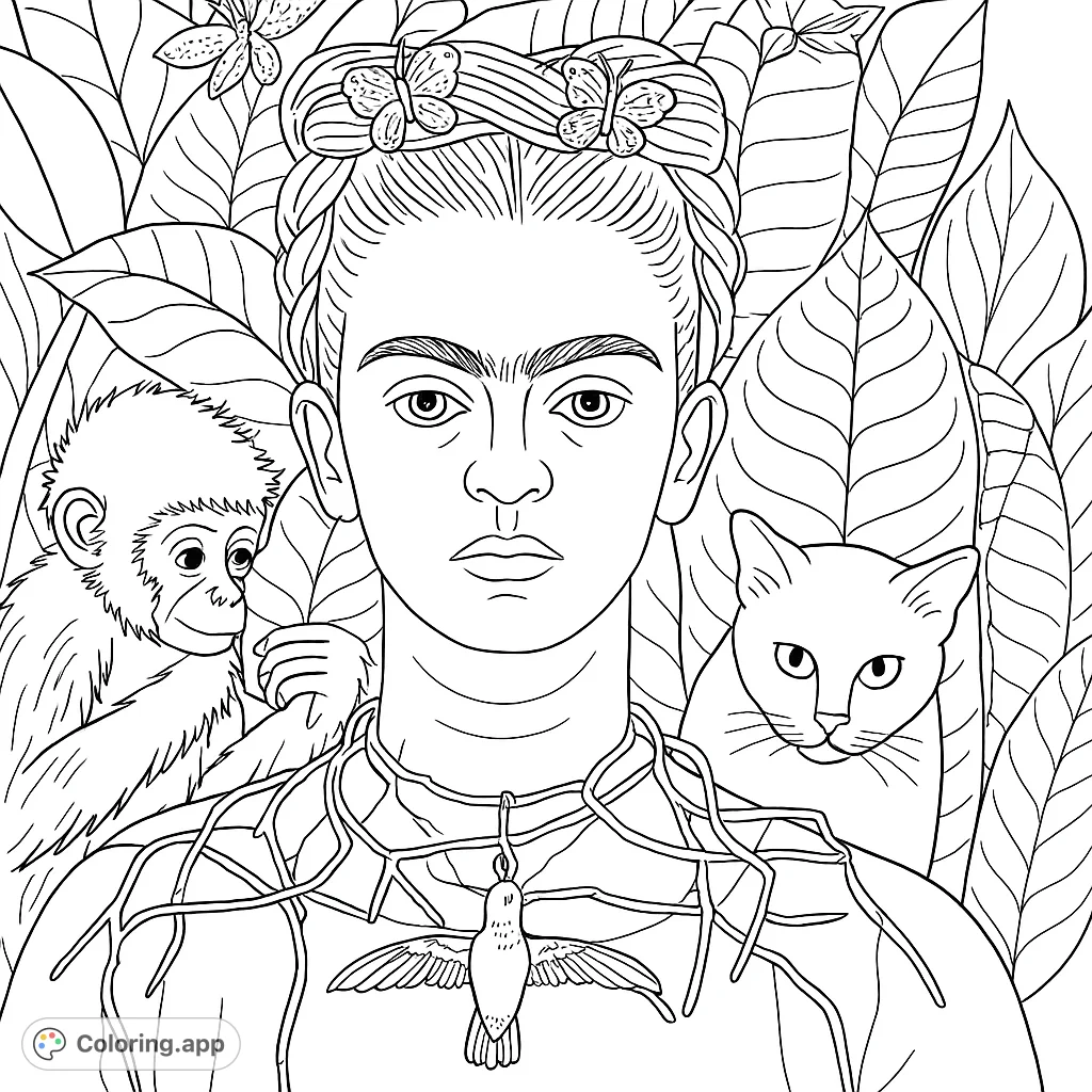 A captivating portrait featuring a woman with a thorny necklace, surrounded by a monkey, cat, and lush foliage. A unique artistic challenge.