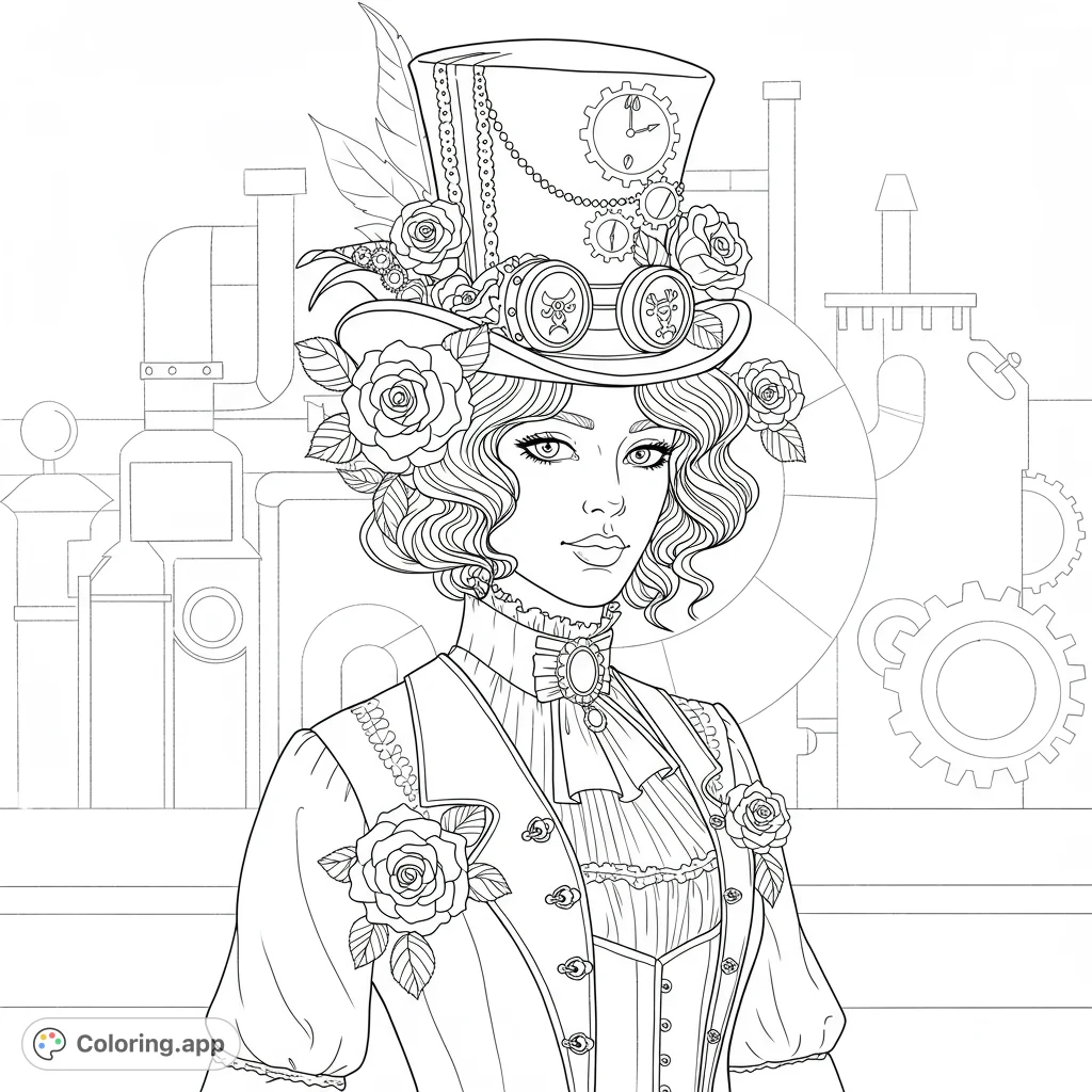 An intricate steampunk lady coloring page featuring a vintage hat, gears, and delicate roses, perfect for detailed coloring.