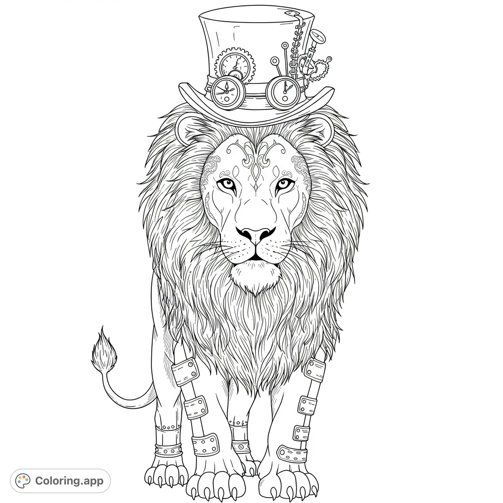 A majestic steampunk lion, adorned with a detailed top hat and mechanical mane, awaits your creative touch. A unique blend of nature and intricate machinery.