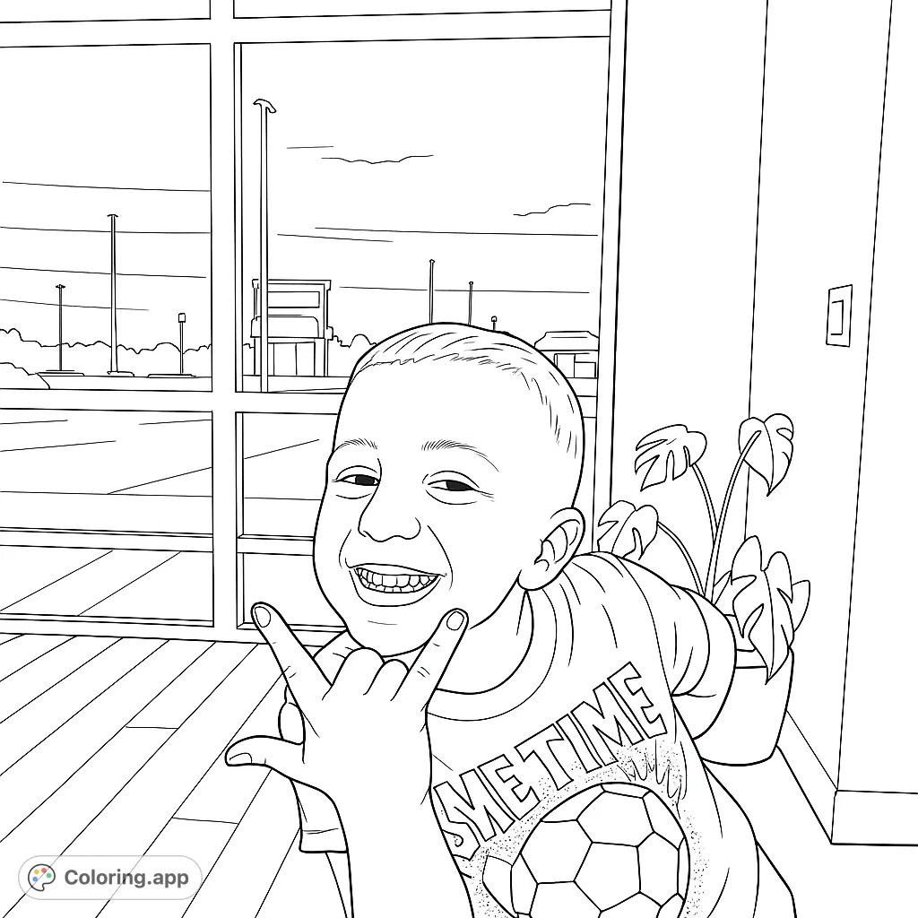 A cheerful boy flashes a "rock on" sign, ready for fun. This free printable kids coloring page features a playful pose and soccer shirt.