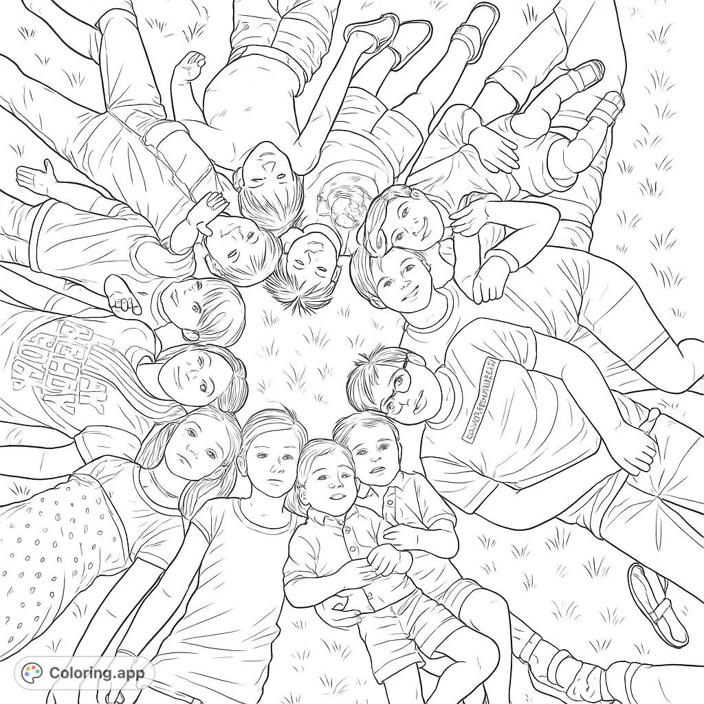 A heartwarming group of children and youth lie in a circle on the grass, heads together, ready for a fun coloring adventure.