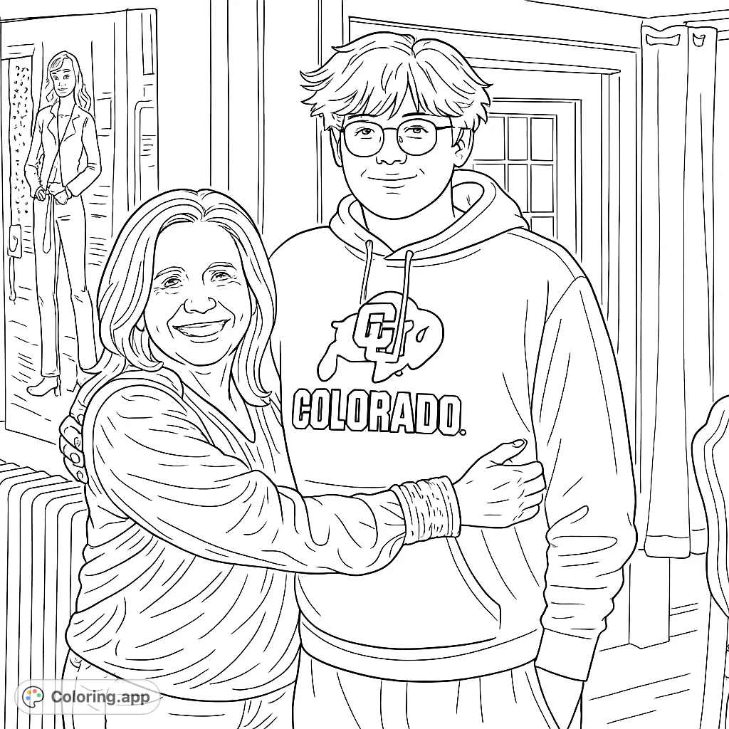 A heartwarming family portrait featuring a woman embracing a young man, set against a detailed indoor background. Perfect for all ages.