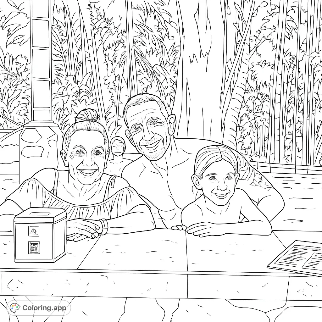 A heartwarming family portrait in a lush tropical setting, perfect for a relaxing coloring experience. Capture the joy of a shared moment.
