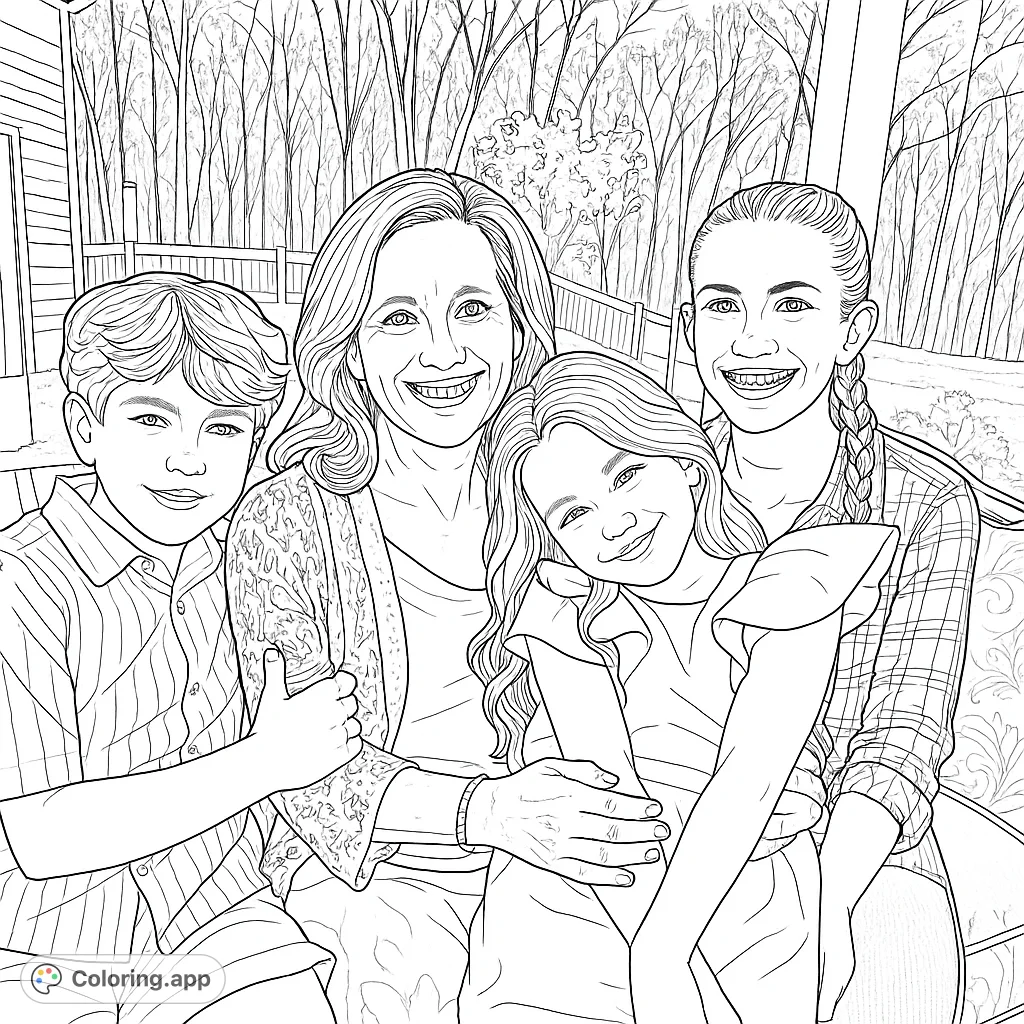 A heartwarming family portrait featuring a woman embracing three children outdoors, perfect for a family bonding coloring page.