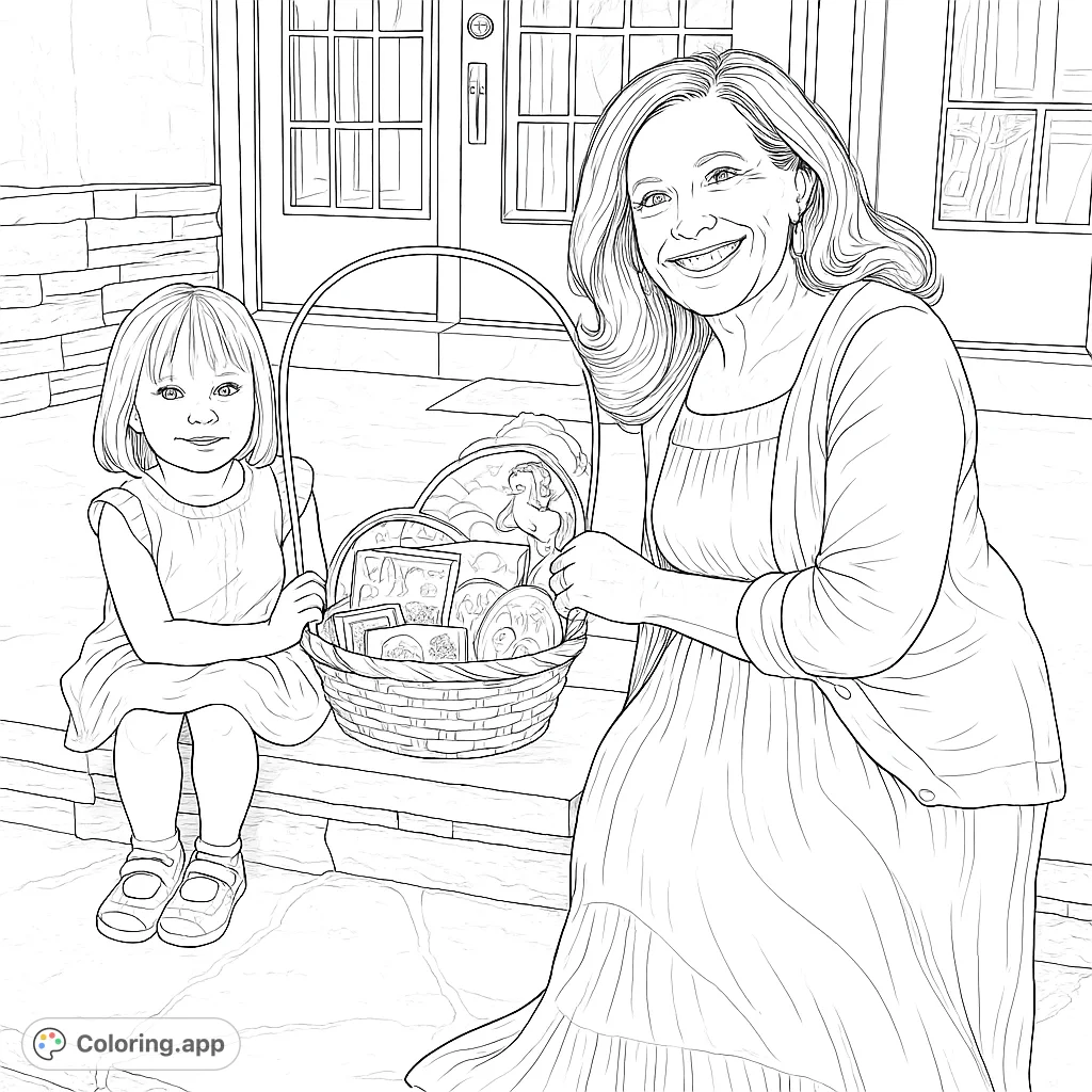 A heartwarming scene of a grandmother and child with a special basket, perfect for a joyful coloring experience.