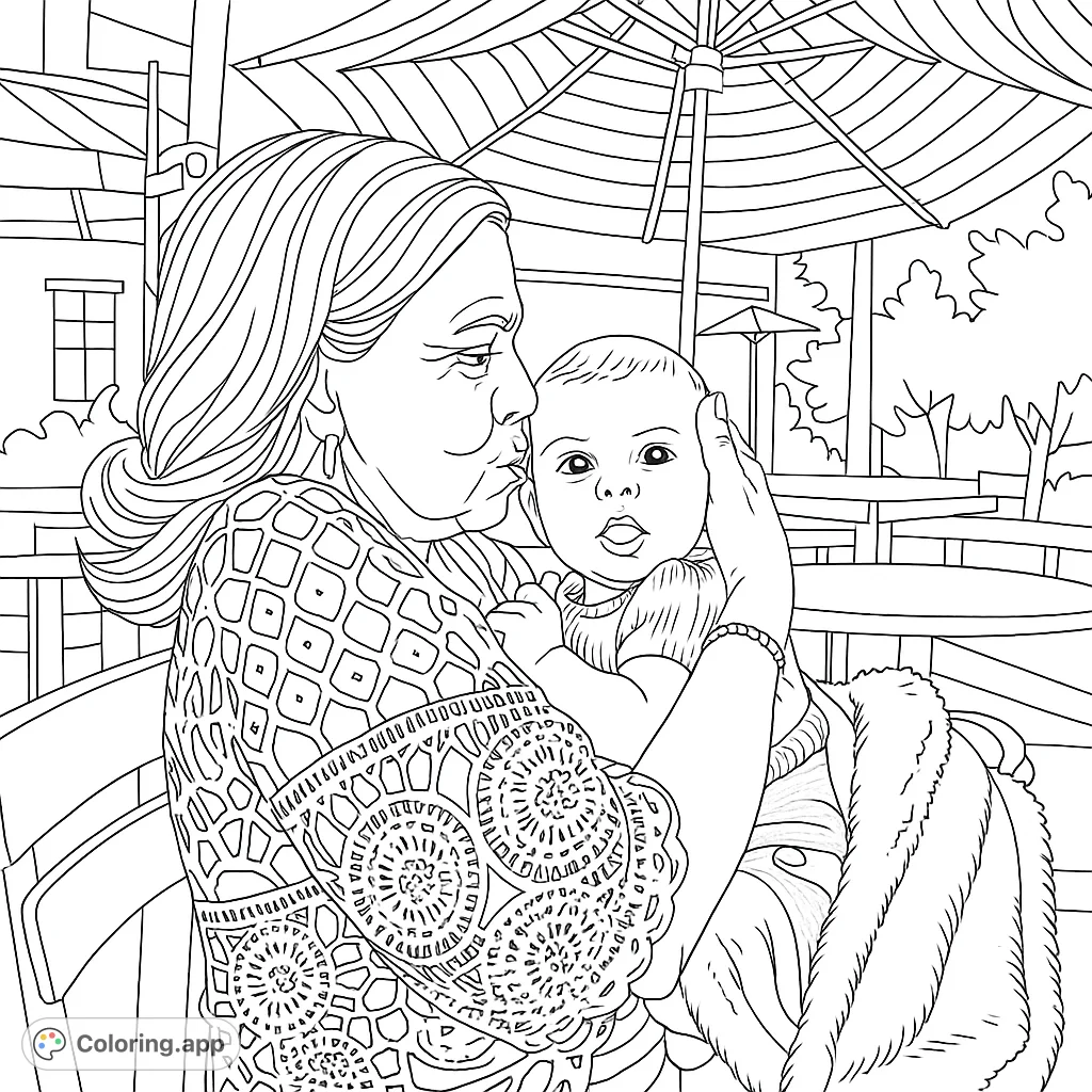 A heartwarming scene of a grandparent tenderly kissing a baby, set under a striped umbrella. Perfect for family-themed coloring.
