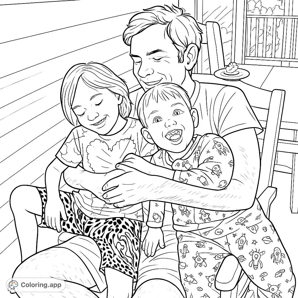 Capture a heartwarming moment of a father embracing his two happy children. A delightful scene perfect for family-themed coloring fun.