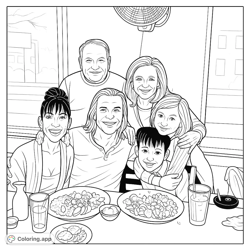 Capture a joyful family meal at a restaurant with this free printable gathering coloring page. Features smiling faces, delicious food, and a warm atmosphere.