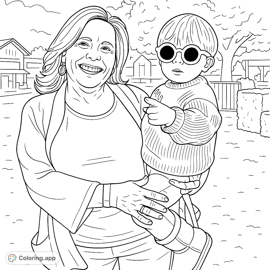 A heartwarming scene of a woman holding a child at a farm, capturing their joyful expressions and the festive outdoor atmosphere. Perfect for family-themed coloring.