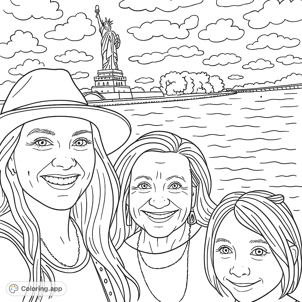 Color a heartwarming family portrait with the iconic Statue of Liberty in the background. A detailed scene for all ages to enjoy.
