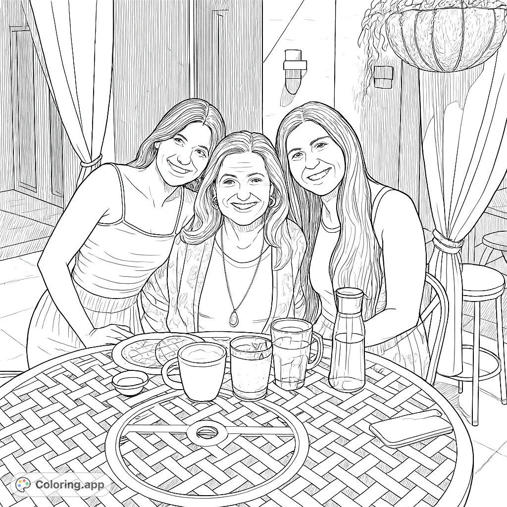 Capture a joyful outdoor brunch scene with three smiling women, food, and drinks on a patio. A delightful family or friends gathering to color.