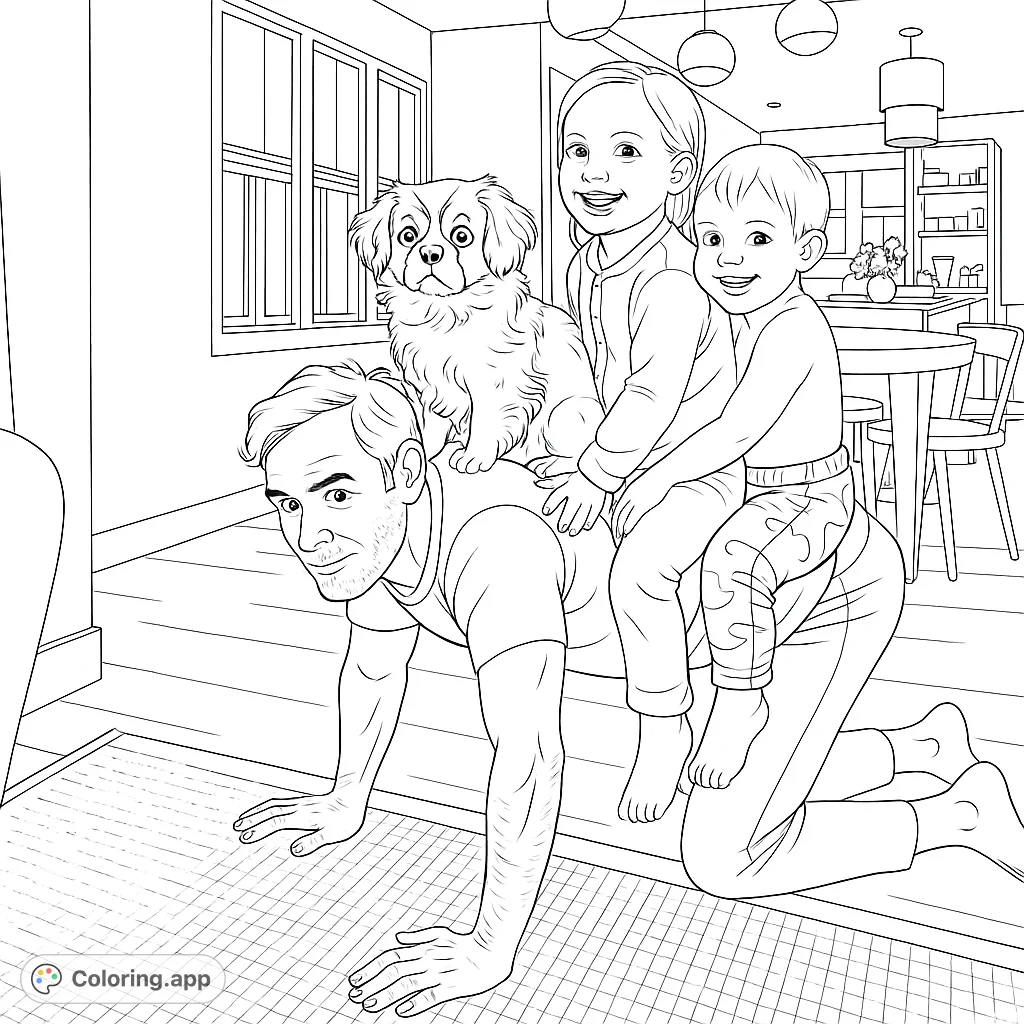 A joyful family scene with a man giving two children and a dog a fun ride on his back. Perfect for a playful coloring adventure!