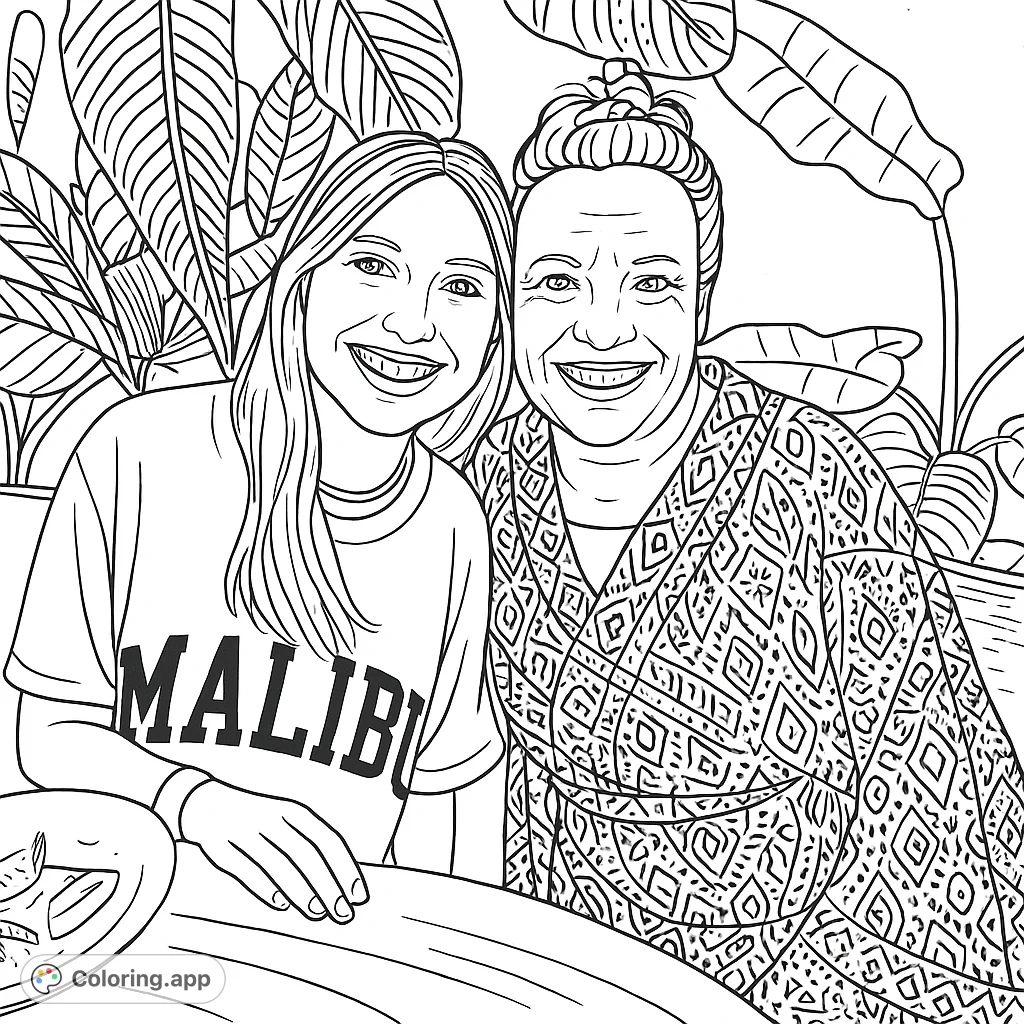 A heartwarming portrait of two smiling individuals surrounded by lush foliage, perfect for a relaxing and expressive coloring experience.