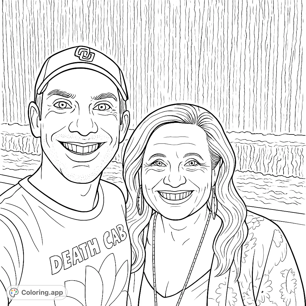 Capture joy with this smiling duo by a grand waterfall. A delightful scene for all ages, perfect for adding your personal touch to their expressions and the dynamic water.
