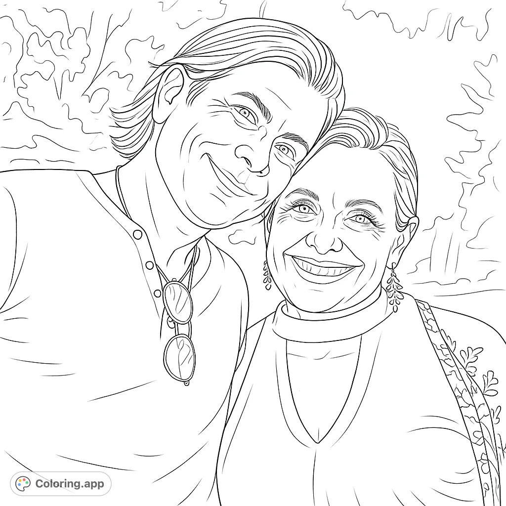 Capture the warmth of connection with this smiling duo portrait. A free printable people coloring page for adults, perfect for personal expression.